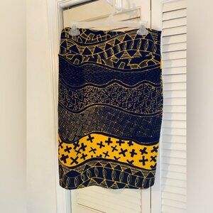LulaRoe Cassie Blue/Yellow Geometric Print Pencil Skirt Size Large Stretchy Fabr